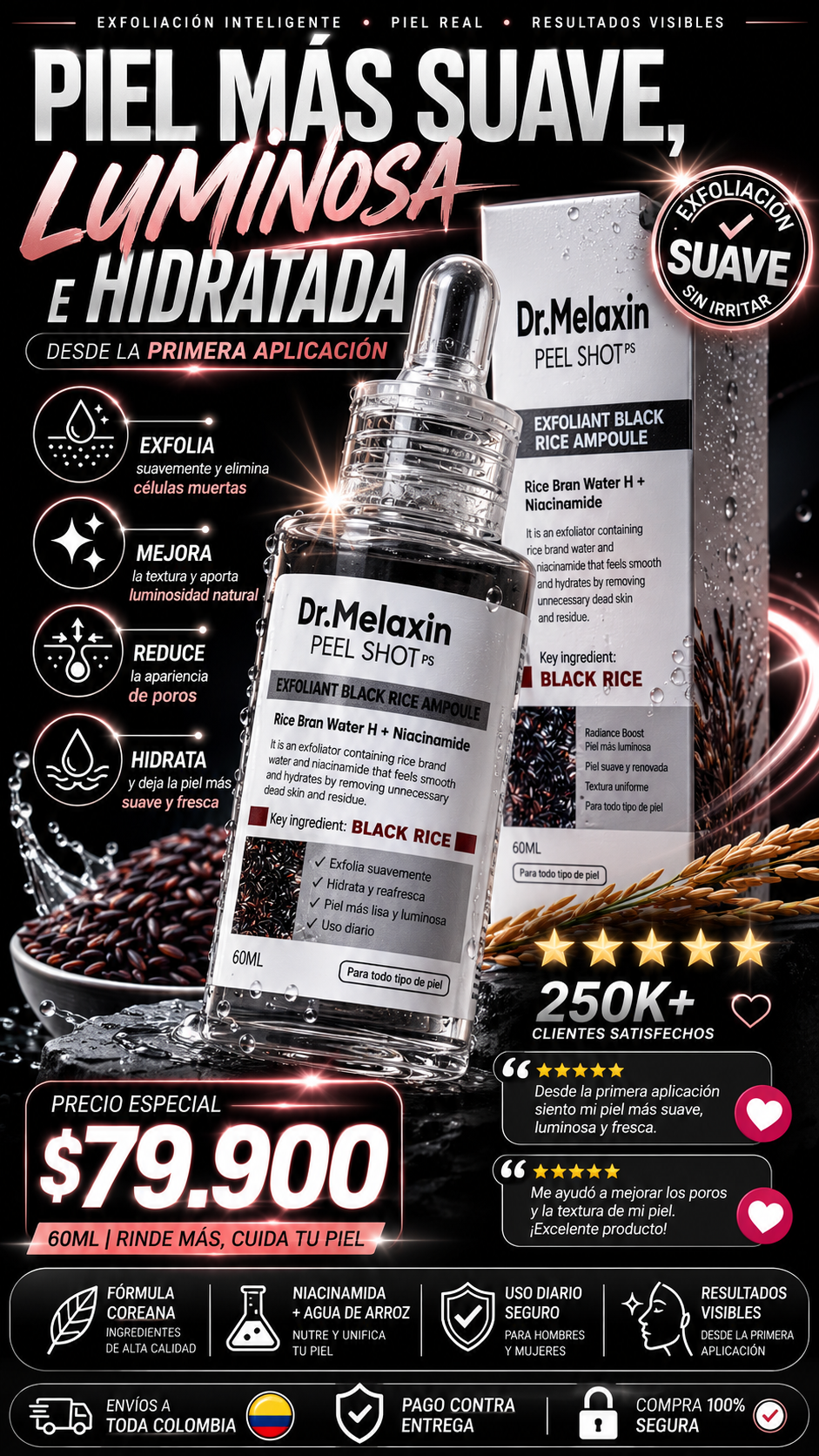 Piel Suave, Radiante e Hidratada / Dr. Melaxin Black Rice 60ML ✨